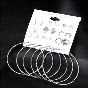 😍12 Pair NWT Silver Geometric Crystal Heart Heart Stud Earring Set Mix, F272